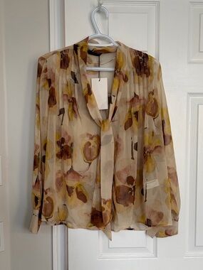 Zara Sheer Floral Tie-Neck Blouse in Beige, Brown and Yellow